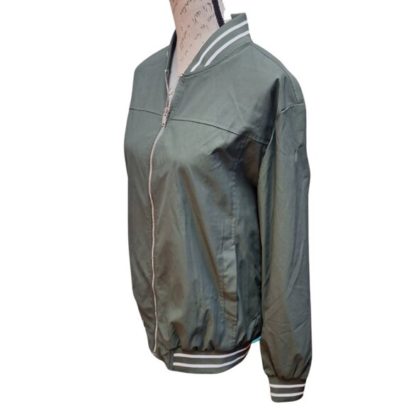 Unisex Olive Green Varsity Jacket Striped trim Full Zip Medium - Preppy Fall - Picture 3 of 5